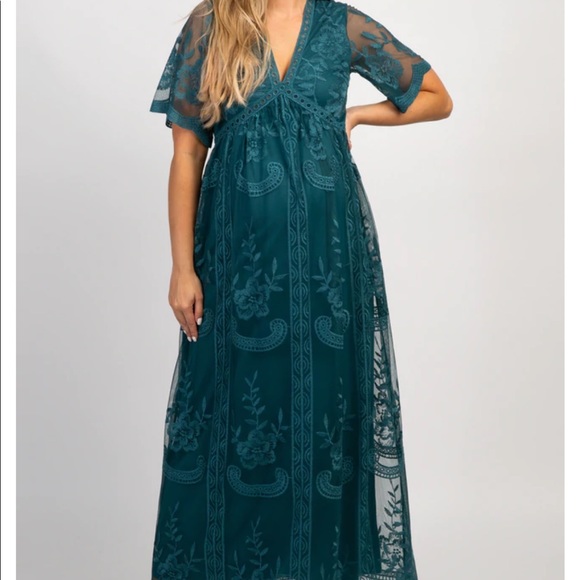 Dark Turquoise Lace Mesh Overlay Maternity Maxi Dress - Picture 4 of 5